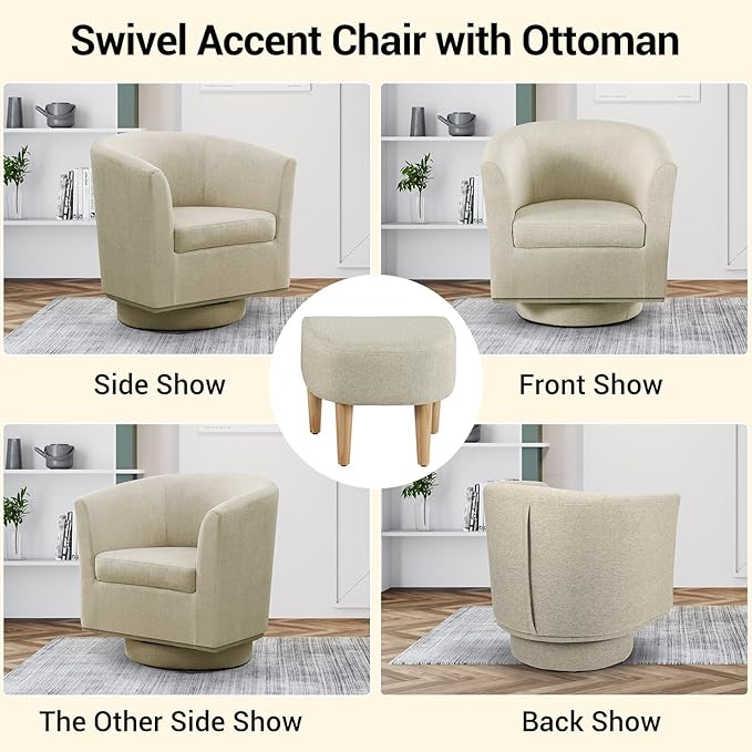 DAZONE Beige Swivel Accent Chair with Ottoman, Comfy Barrel Armchair for Small Spaces, 360° Modern Fabric Lounge Chair for Living Room, Bedroom, Reading Nook, Home Office