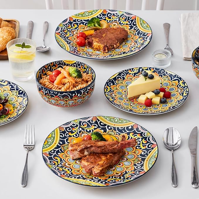vancasso 12 Pieces Dinnerware Sets, Dark Green Plates and Bowls Set, Porcelain Dishes Set for 4, Microwave and Dishwasher Safe, Scratch Resistant, Bohemian Style Dining Ware Service for 4, Series SIMI