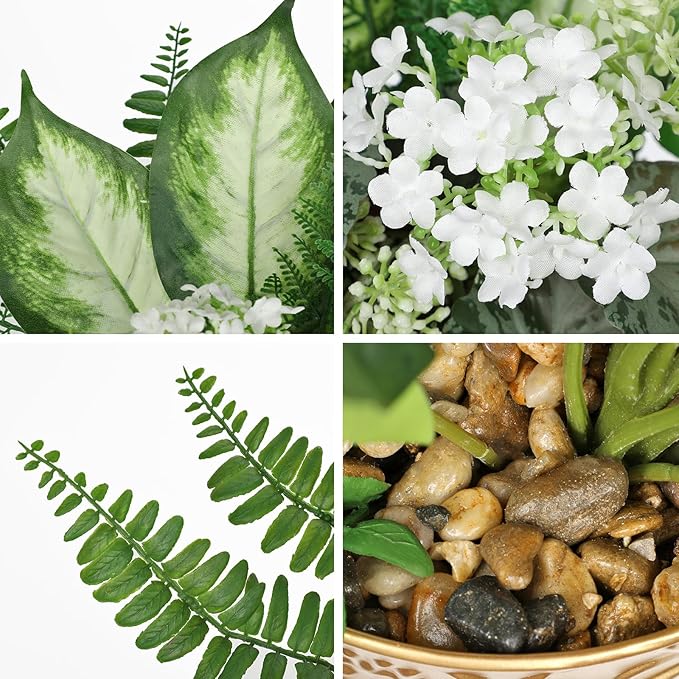 Fake Plants 11.8" Artificial Potted Plant Assorted Faux Plants in Gold Pot Silk Plants Artificial Plants Indoor for Home Living Room Bedroom Bathroom Office Table Centerpieces Shelf Greenery Decor