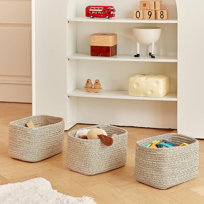 Small Cotton Rope Basket – Storage Bin for Organizing (10.6" x 6.7" x 6.7"), Bathroom Storage Basket for Shelf, Counter & Closet（Beige）