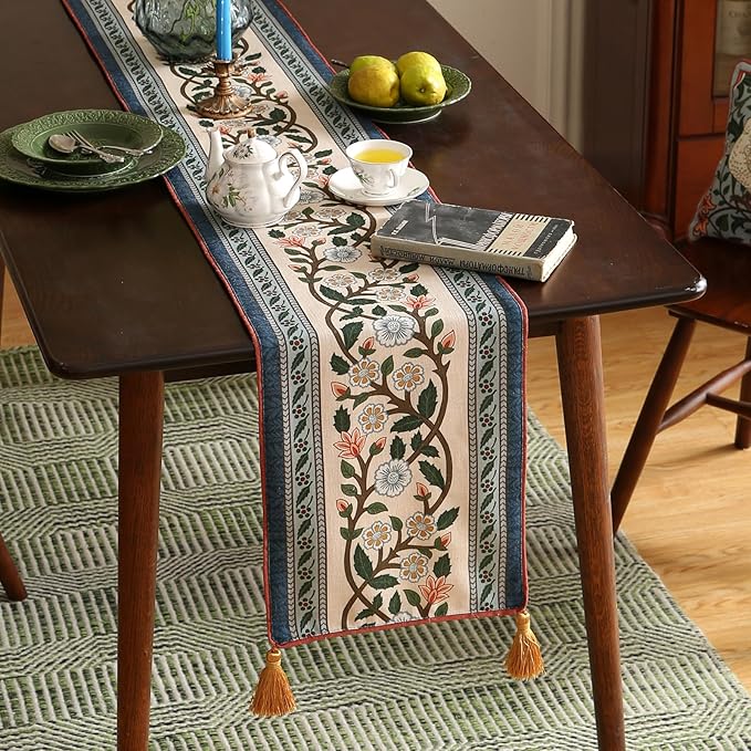ISAENNE Designer Vintage Elegant Linen Table Runner 71 Inches Long,Colorful Flower Pattern Soft Table Runners for Dining Tables,Thanksgiving,Kitchen Tables,Christmas,12"*71"-Naples C