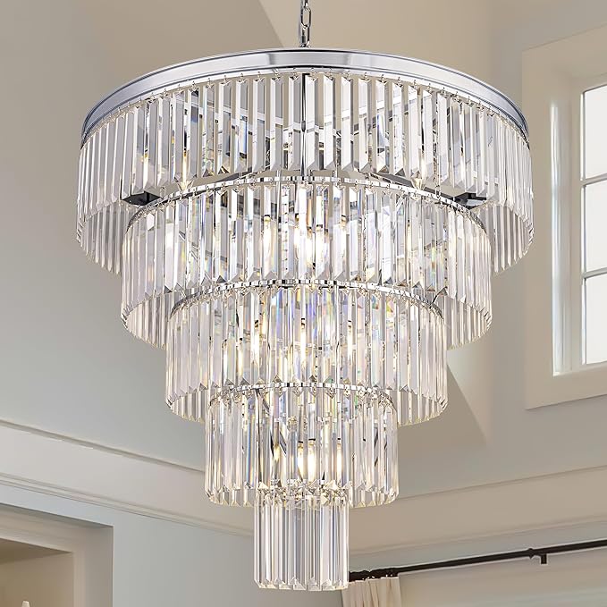 TOCHIC 10 Light Large Crystal Chandelier 31.5 inch, 5-Tier Contemporary Modern Chrome Crystal Chandeliers, Raindrop K9 Round Ceiling Light for Bathroom,Staircase, Entryway, Dining Room, Foyer, Kitchen