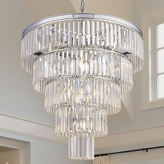 TOCHIC 10 Light Large Crystal Chandelier 31.5 inch, 5-Tier Contemporary Modern Chrome Crystal Chandeliers, Raindrop K9 Round Ceiling Light for Bathroom,Staircase, Entryway, Dining Room, Foyer, Kitchen