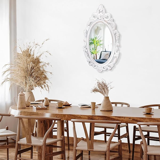 Wall Mirror Oval Baroque Style Vintage Mirrors for Wall Wooden Hanging Arendahl Traditional Mirror Decorative for Bathroom Bedroom Living Room Entryway Decor 24"x16" White