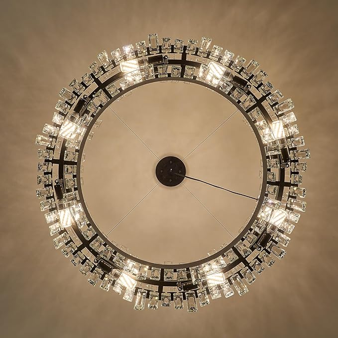 Round Crystal Chandeliers, D31.5 inch 16-Light Black Chandelier Lighting Fixture, Height Adjustable Pendant Ceiling Light for Living Room Dining Room Bedroom