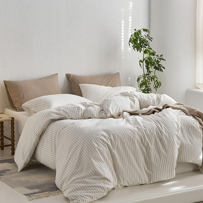 MooMee Striped Duvet Cover Set 100% Washed Cotton Linen Like Textured Breathable Durable Soft Comfy (White Tannish Linen Grey Wide Stripes, Twin 68"x90")