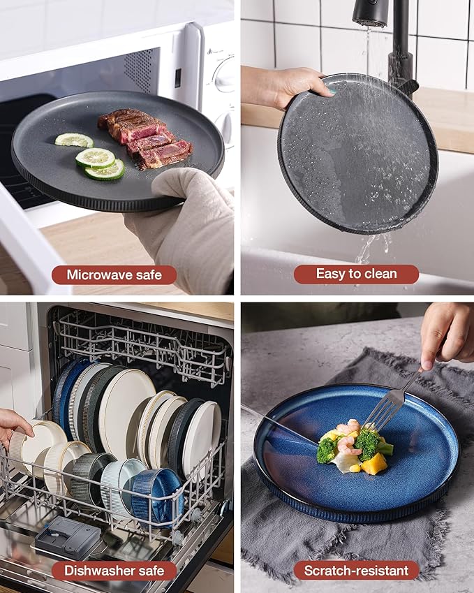 Famiware Star Plates and Bowls Sets, Modern Stoneware Dinnerware Sets for 6, 18-Piece Kitchen Dish Set - Chip and Scratch Resistant, Microwave and Dishwasher Safe Tableware, Matte Dark Charcoal