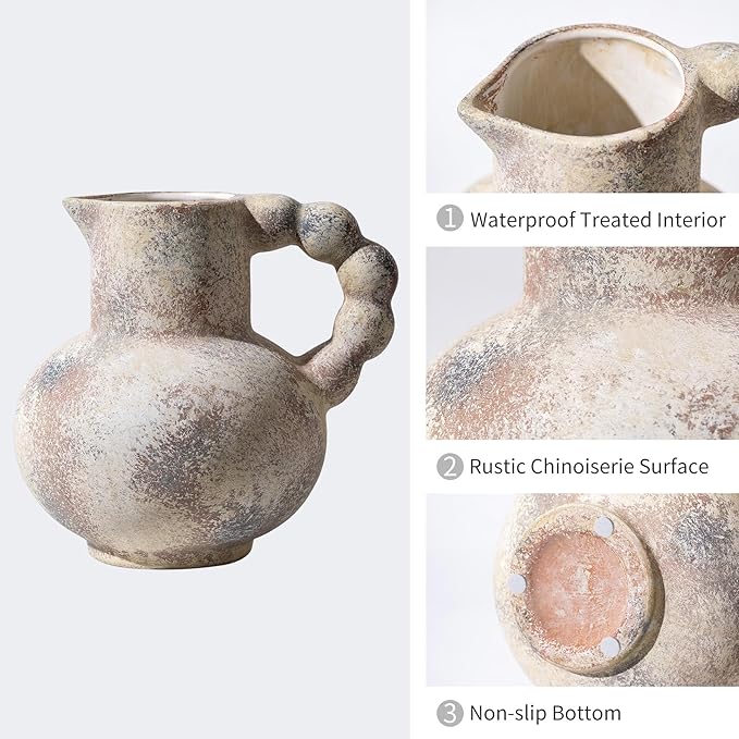 Antique Flower Ceramic Vase with Handle, Vintage Pitcher Terracotta Vases, Boho Decor Farmhouse Stone Pottery Vases, Rustic Decorative Vase for Home Decor, Table, Living Room, Mantel, Wedding 6.9 Inch