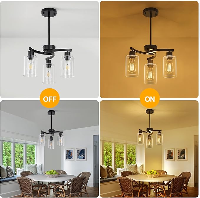 3-Light Modern Farmhouse Black Pendant Lights Kitchen Island, Adjustable Height Contemporary Chandeliers for Dining Room Light Fixture Hanging, Clear Glass Shade