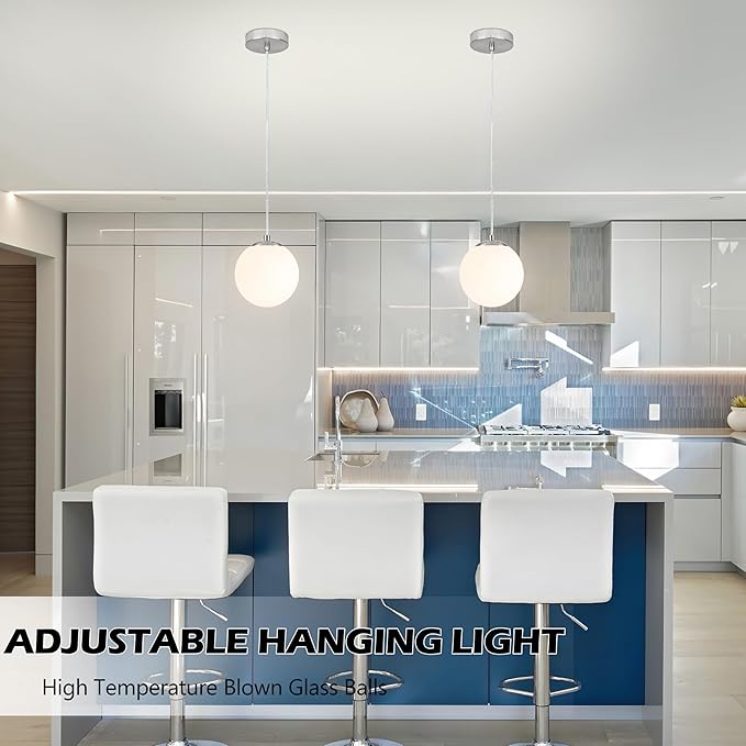 KoKo&Yukina 6 Inch Globe Pendant Light Nickel Globe Pendant Lights Kitchen Island Mid Century Light Fixture with Milky White Glass Shade for Dining Room (2 Pack)