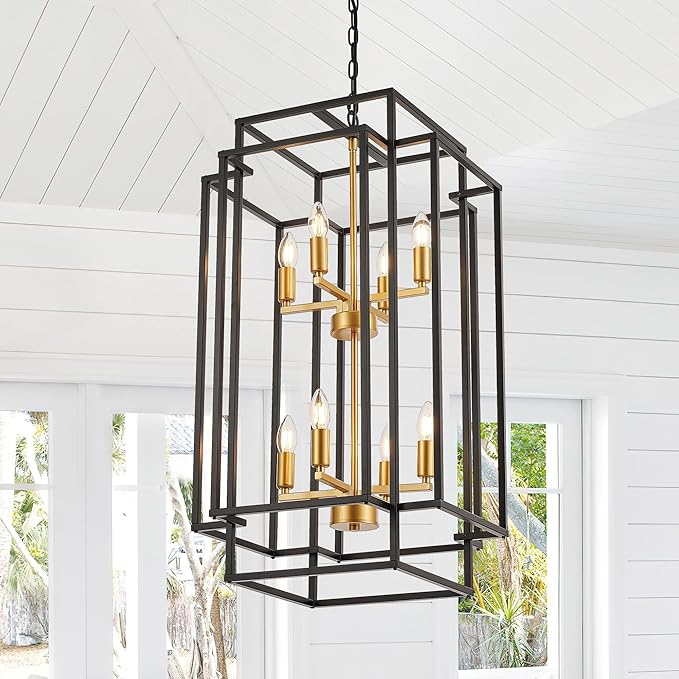 8-Light Lantern Tiered Pendant Light Fixtures, Black Metal Farmhouse Chandelier Hall Foyer Hanging Chandelier for Kitchen Island Dining Room Living Room Foyer Entryway, Black+Gold