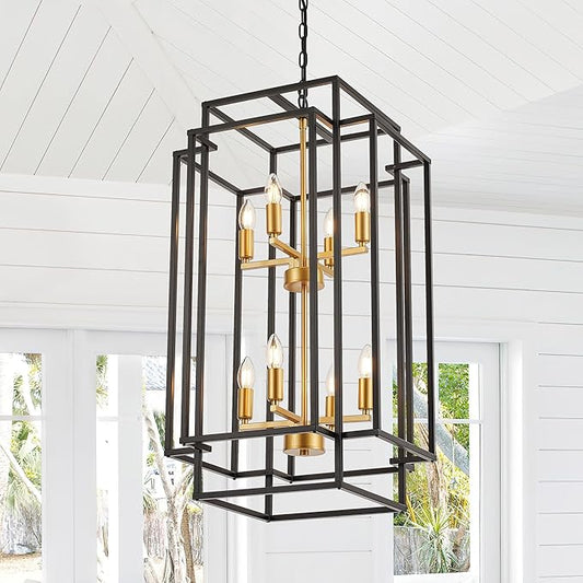 8-Light Lantern Tiered Pendant Light Fixtures, Black Metal Farmhouse Chandelier Hall Foyer Hanging Chandelier for Kitchen Island Dining Room Living Room Foyer Entryway, Black+Gold