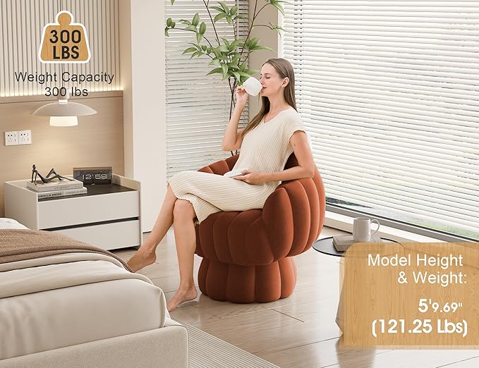 Mid Century Modern 360 Degree Barrel Swivel Accent Sofa Chair,Fluffy Velvet Fabric Lounge Wide Upholstered Pumpkin Reading Chair, Round Cloud Armchair for Living Room,Bedroom,Vanity(Burnt Orange)