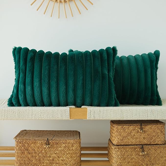JOJUSIS Pack of 2 Faux Fur Plush Decorative Throw Pillow Covers Couch Cushion Case Soft Pillowcases (Dark Green, 12 x 20-Inch)