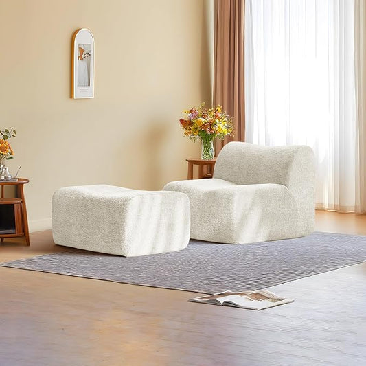 Lazy Sofa Chair, Modern Comfy Raindrop Velvet Fabric Deep Seat Armless Lounge Chair Movable Ottoman Set, 1-Seater Modular Sectional Sleeper Couch for Living Room, Bedroom, Office, Salon, Beige