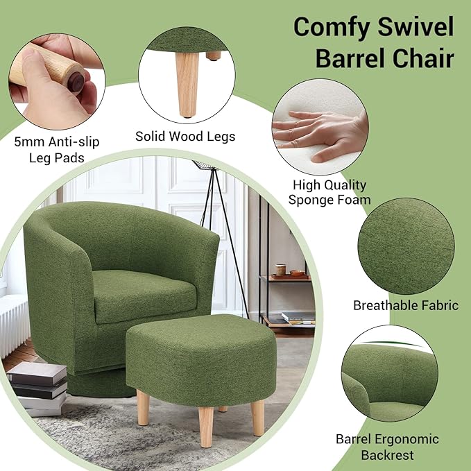 DAZONE Green Swivel Accent Chair with Ottoman, Comfy Barrel Armchair for Small Spaces, 360° Modern Fabric Lounge Chair for Living Room, Bedroom, Reading Nook, Home Office