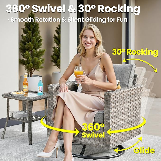 ovios 9 Pieces Patio Furniture Set, Outdoor Wicker Sectional Sofa with 30" Fire Pit Table Swivel Chair, Modern Modular Deep Seat Rattan Couch Conversation Sets, Dark Grey