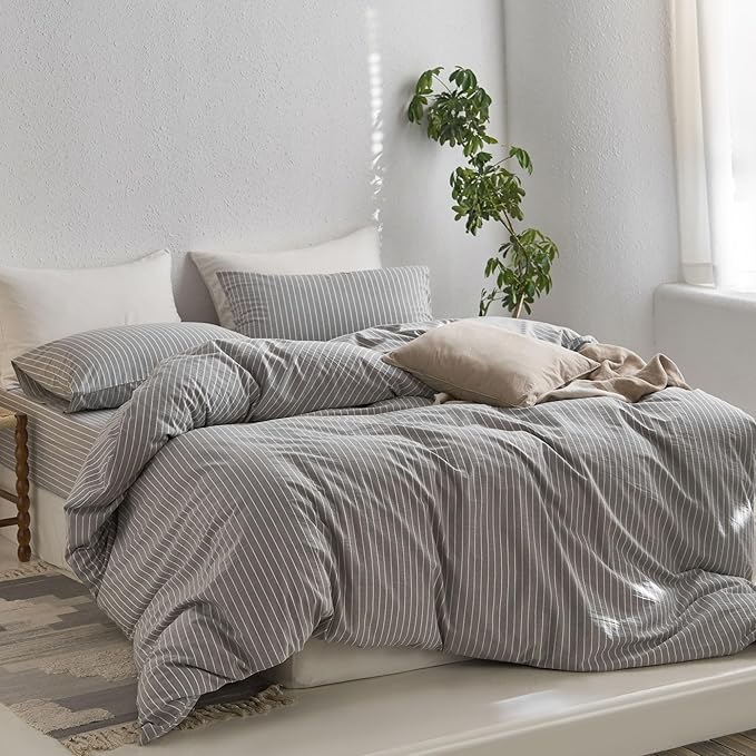 MooMee Striped Duvet Cover Set 100% Washed Cotton Linen Like Textured Breathable Durable Soft Comfy (Light Grey White Wide Stripes, Full 80"x90")