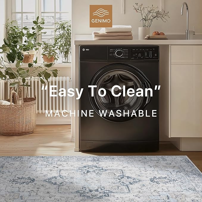 GENIMO 6x9 Area Rugs for Living Room, Non Slip Machine Washable Rugs, Low Pile Chenille Print Rug for Bedroom, Dining Room, Home Office, Blue