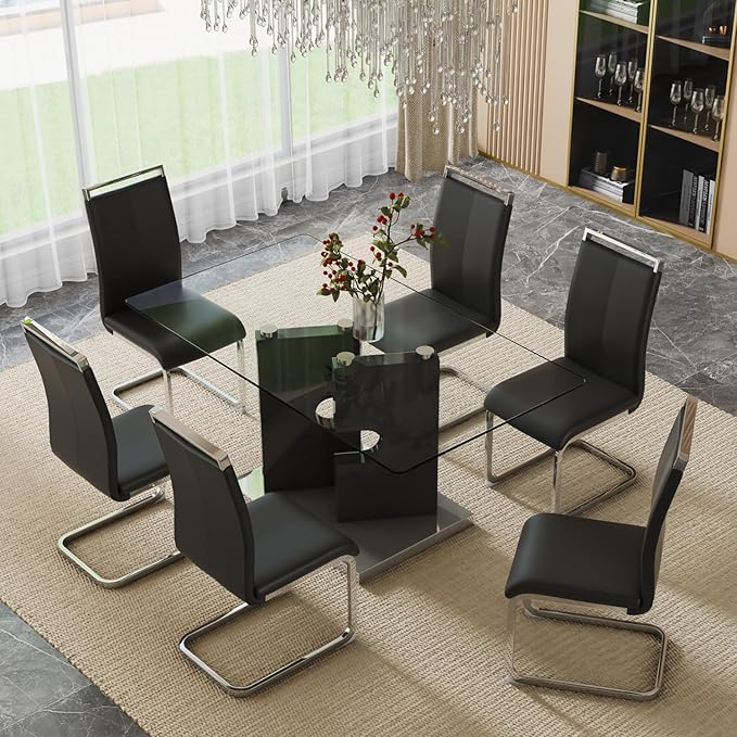 Glass Dining Table Set for 6,7 Piece Dining Table Set, Tempered Glass Table Top and Modern Design MDF Base with 6 PU Leather Ergonomic Dining Chairs