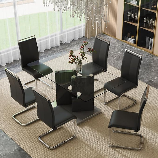 Glass Dining Table Set for 6,7 Piece Dining Table Set, Tempered Glass Table Top and Modern Design MDF Base with 6 PU Leather Ergonomic Dining Chairs