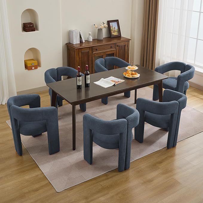 Modern Barrel Dining Chairs Set of 3, Upholstered Linen Dining Room Chair with Wooden Legs, Accent Chairs for Kitchen/Dining Room/Living Room, Blue