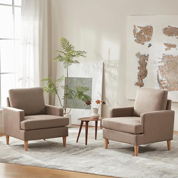 VKNOW Mid-Century Accent Chair, Modern Upholstered Chenille Armchair for Living Room,Comfy Reading Accent Chairs with Wood Legs for Bedroom, Brown Polyester