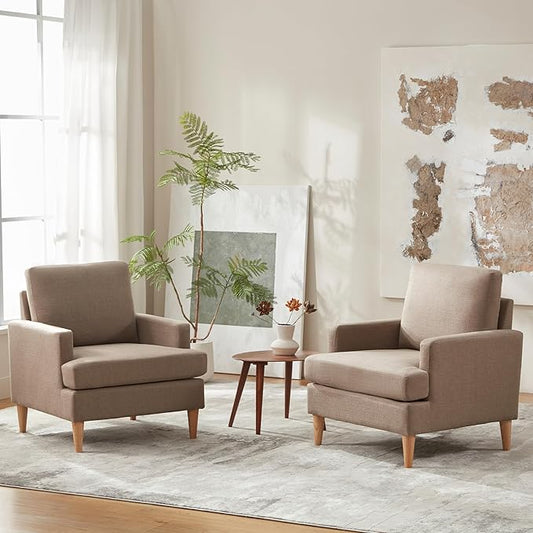 VKNOW Mid-Century Accent Chairs Set of 2, Modern Upholstered Chenille Armchair for Living Room,Comfy Reading Accent Chairs with Wood Legs for Bedroom, Brown Polyester