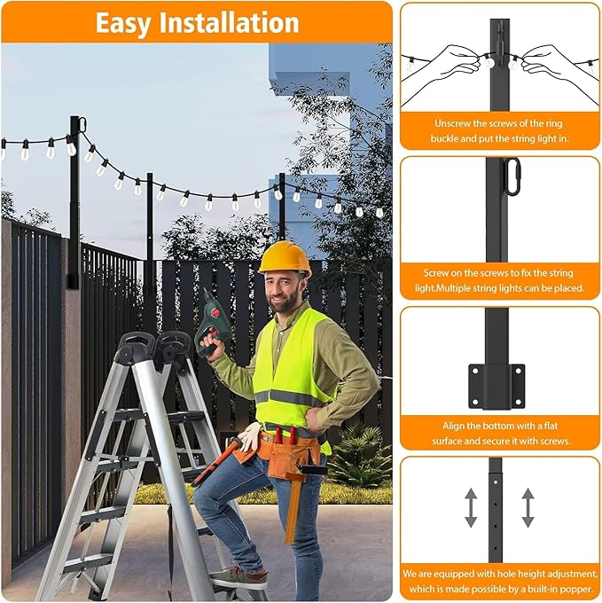 4 Pack String Light Poles,2.8Ft Metal Poles for Outdoor String Lights,Outdoor Light Poles with Post,Poles/Stand for Outside,Patio,Deck,Backyard,Garden Wedding,Party