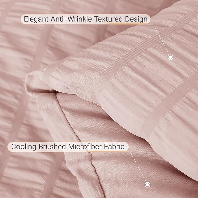 MUXHOMO 7 Pieces Full Comforter Set, Seersucker Bed in a Bag Full Size, All Season Luxury Bedding Set with Comforter, Flat Sheet, Fitted Sheet, Pillowcases & Shams, Rose Gold
