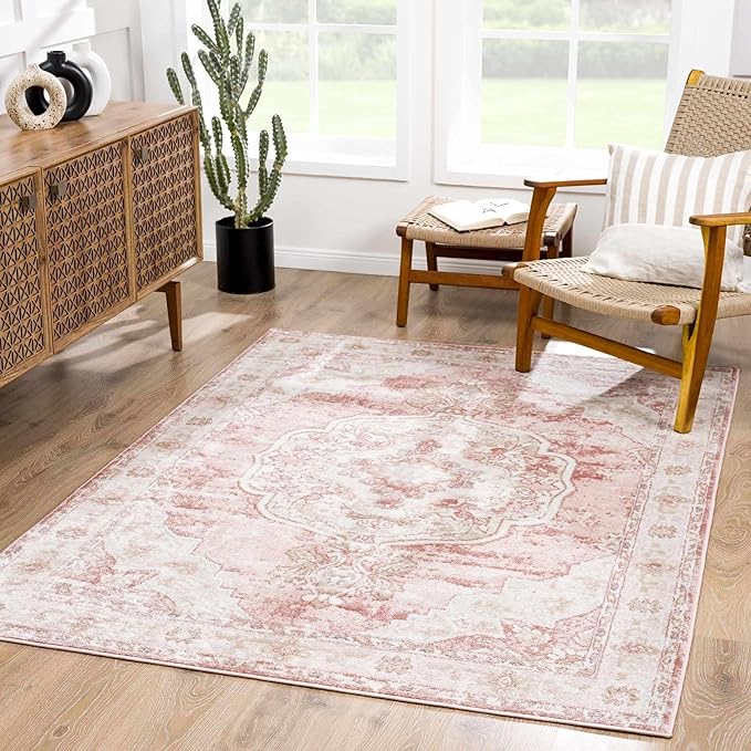 Blush & Light Pink Collection Kandos Bohemian Oriental Medallion Large Area Rug - Traditional Floral Carpet for Living Room - Blush, Dusty Pink, Cream - 7'10" x 9'6" (8x10 Area Rug)