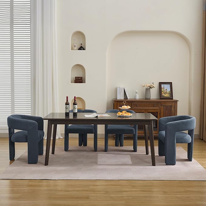 Modern Barrel Dining Chairs Set of 4, Upholstered Linen Dining Room Chair with Wooden Legs, Accent Chairs for Kitchen/Dining Room/Living Room, Blue