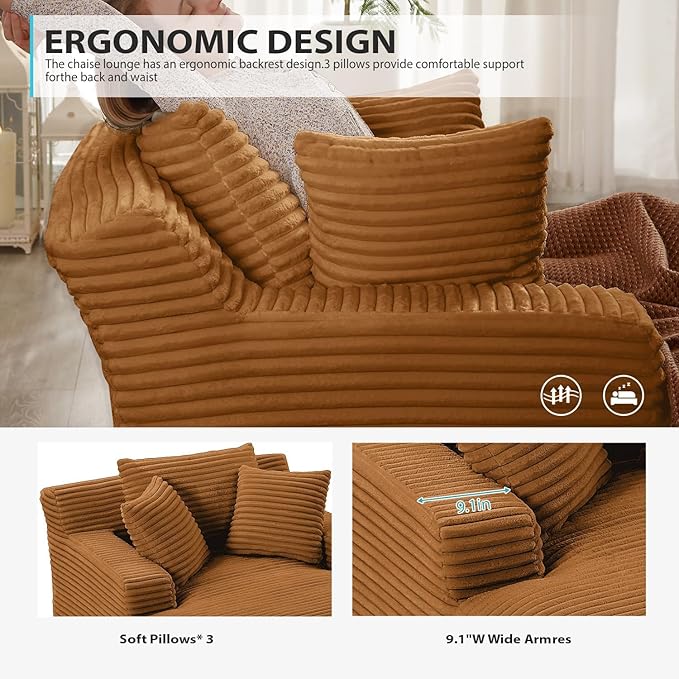 Oversized Chaise Lounge, Corduroy Sofa Bed Chair Indoor with Throw Pillows, Cozy Cloud Couch, Upholstered Sleeper Sofa Couch for Living Room, Bedroom, Apartment, Light Gray