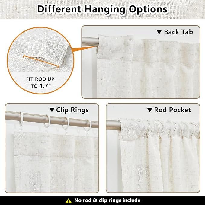 MYSKY HOME Linen Curtains for Sliding Glass Door, Back Tab Semi Sheer Curtain Panels Extra Long Floor Length Drapes Linen Texture Soft Touch Country Curtains, 50x120 Inch, Linen, Set of 2