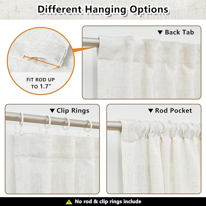 MYSKY HOME Boho Curtains 72 Inch Length, Linen Blend Drapes for Window Decoration French Door Curtain Panels Privacy Shade Burlap Farmhouse Rustic Style for Doorways, 50" x 72", Linen, 2 Panels