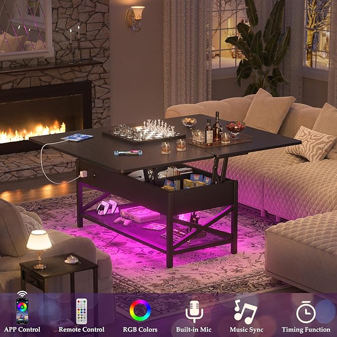 Aheaplus Coffee Table Lift Top Multi-Function Coffee Table Converts to Dining Table, with LED Light and Power Outlet, Center Table with Shelves for Living Room Reception Home Office, Black