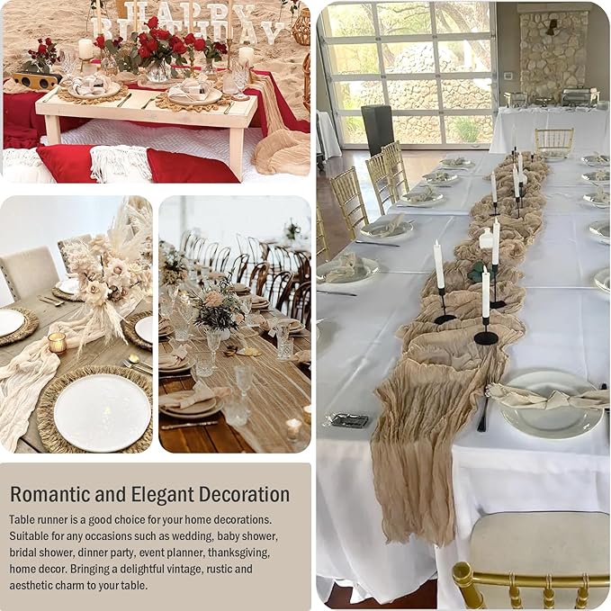 8 Pack Cheesecloth Table Runner 35x120 Inches Beige Boho Gauze Rustic Cheese Cloth Runners 10ft Long Romantic Sheer Table Runner for Wedding Bridal Baby Shower Party Christmas Table Decor