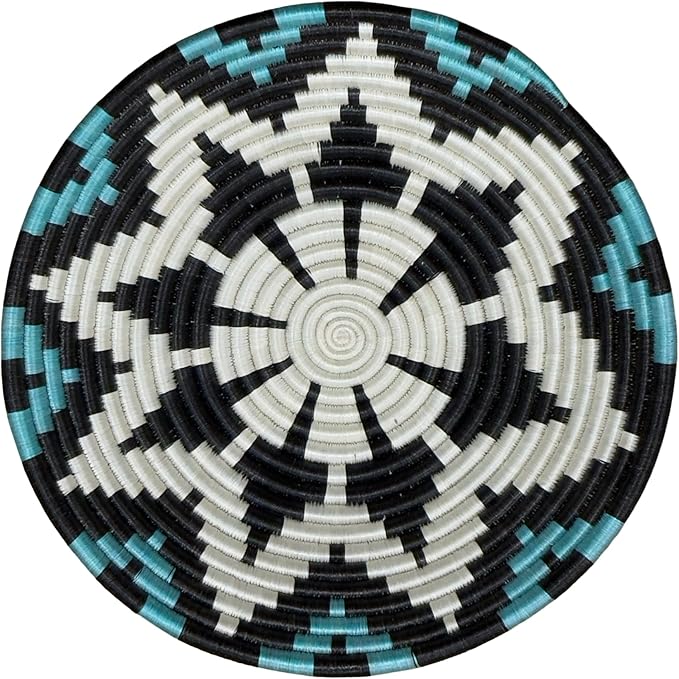 Handwoven African Basket Handmade sisal Fruit Bowl Wall Hanging decorative Baskets for Home Living Room Kitchen Centerpiece Zen Designs Arts and Crafts (Blue Black Natural, 12in diameter)