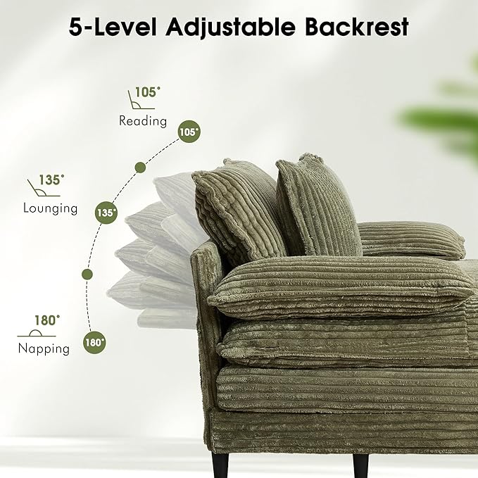 55" W Oversized Chaise Lounge Sofa Couch with 5-Position Adjustable Backrest, Corduroy Sleeper Chair Sofa Bed, Reading Chair ‌with Deep Seat, Cloud Couches for Living Room, Bedroom, Green