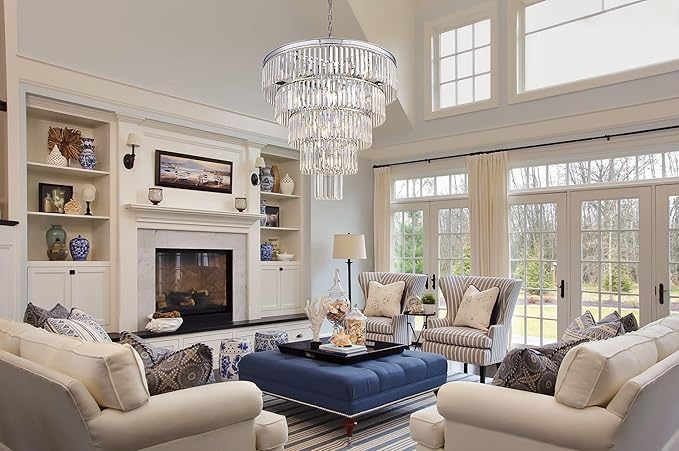 TOCHIC 10 Light Large Crystal Chandelier 31.5 inch, 5-Tier Contemporary Modern Chrome Crystal Chandeliers, Raindrop K9 Round Ceiling Light for Bathroom,Staircase, Entryway, Dining Room, Foyer, Kitchen