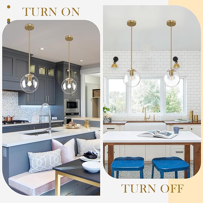 8" Globe Pendant Light Gold Mid Century Modern Light Fixture Clear Glass Pendant Lights Kitchen Island Modern Pendant Lights Brushed Brass Finished with Clear Glass Lampshade for Bedroom