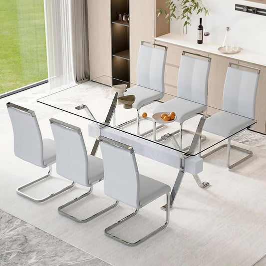 7 Piece Glass Dining Table Set, 79" Modern Dining Table Set for 6, 0.5" Thick Tempered Glass Tabletop with Silver Chrome Metal Legs and Grey Crossbar, 6 PU Chairs for Dining Room, Kitchen