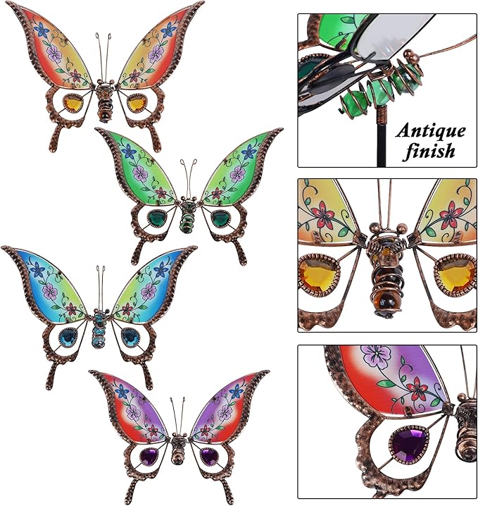 Juegoal Set of 4 Butterfly Garden Stake Decor, 32" Metal Colorful Butterflies Stakes, Yard Art Ornaments for Mom, Mothers Day Ideal Gifts, Outdoor Lawn Porch Pathway Patio Plant Pot Flower Bed