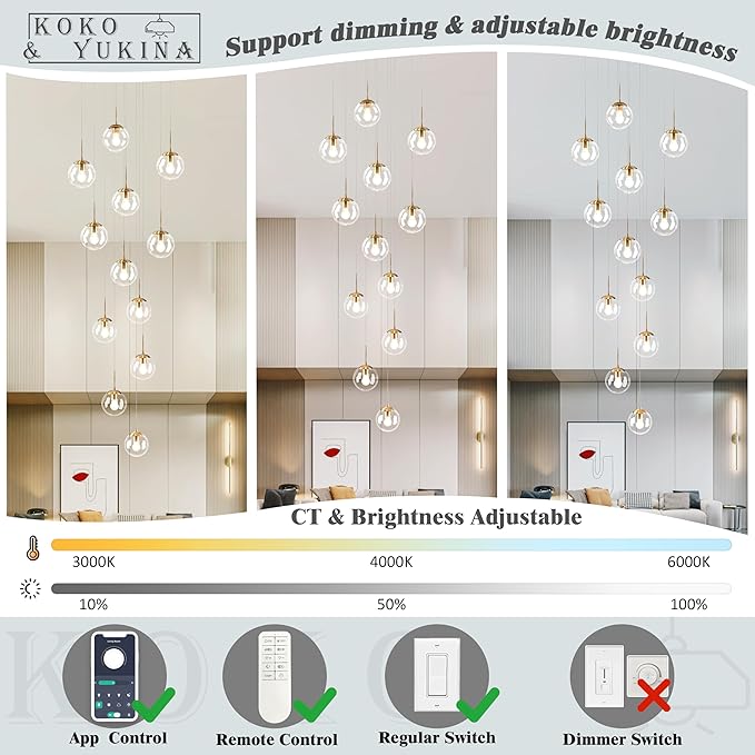 KoKo&Yukina 12-Light Gold Mid Century Modern Chandelier for Living Room Staircase Chandelier for Entryway Clear Globe Glass Chandelier High Ceiling Chandeliers Foyer Entryway (Bulb & Remote Incl.)