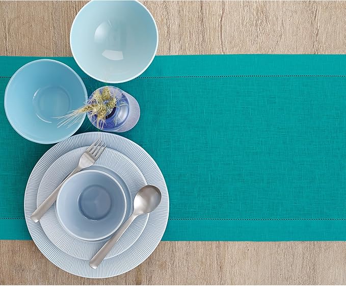 Solino Home Linen Hemstitch Table Runner 48 Inches - 100% Pure Linen Teal Table Runner 14 x 48 Inch Ideal for Dresser and Coffee Tables - Fall, Autumn, Thanksgiving, Christmas - Classic Hemstitch