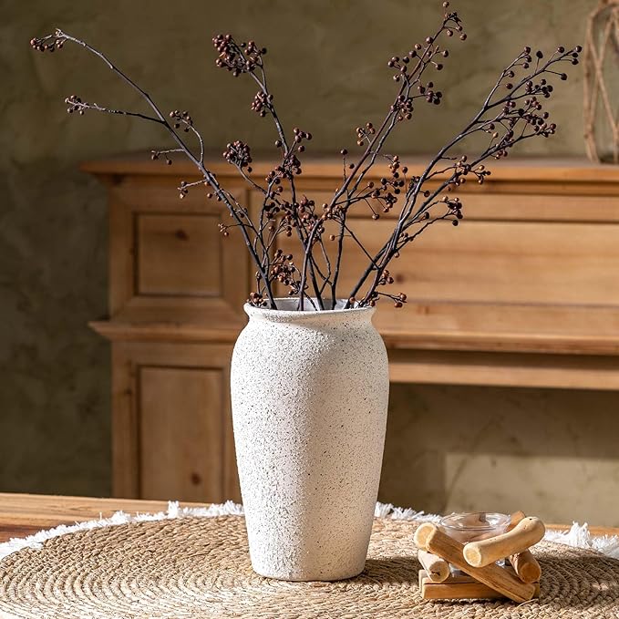 Rustic Farmhouse Flower Large Ceramic Vase, Vintage Pampas Grass Vase, White Modern Decorative Ceramic Flower Vase for Home Decor, Table, Living Room Decoration, Shelf Decor, Mantel, 9.8 Inch