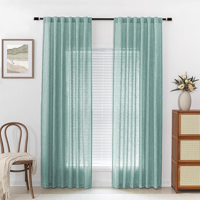 MYSKY HOME Boho Curtains for Living Room, Light Filtering Curtains & Drapes 84 inches Length 2 Panels Set Semi Sheer Country Style Back Tab Curtains for Sliding Glass Door, 50" Wide, Turquoise
