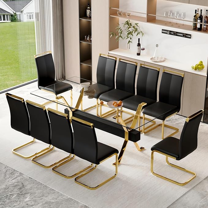11 Piece Glass Dining Table Set, 79" Modern Dining Table Set for 10, 0.5" Thick Tempered Glass Tabletop with Gold Chrome Metal Legs and Black Crossbar, 10 PU Chairs for Dining Room, Kitchen