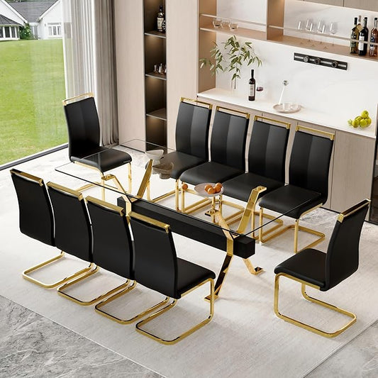 11 Piece Glass Dining Table Set, 79" Modern Dining Table Set for 10, 0.5" Thick Tempered Glass Tabletop with Gold Chrome Metal Legs and Black Crossbar, 10 PU Chairs for Dining Room, Kitchen