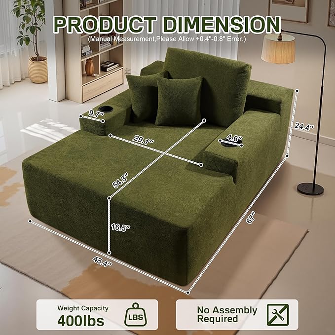 Chaise Lounge Chair Indoor, 67" Oversized Comfy Cloud Velvet Sleeper Sofa Bed with Cup Holders and Wide Armrests, Boneless Upholstered Recliner Bed, Modern Cloud Couch for Living Room, Green